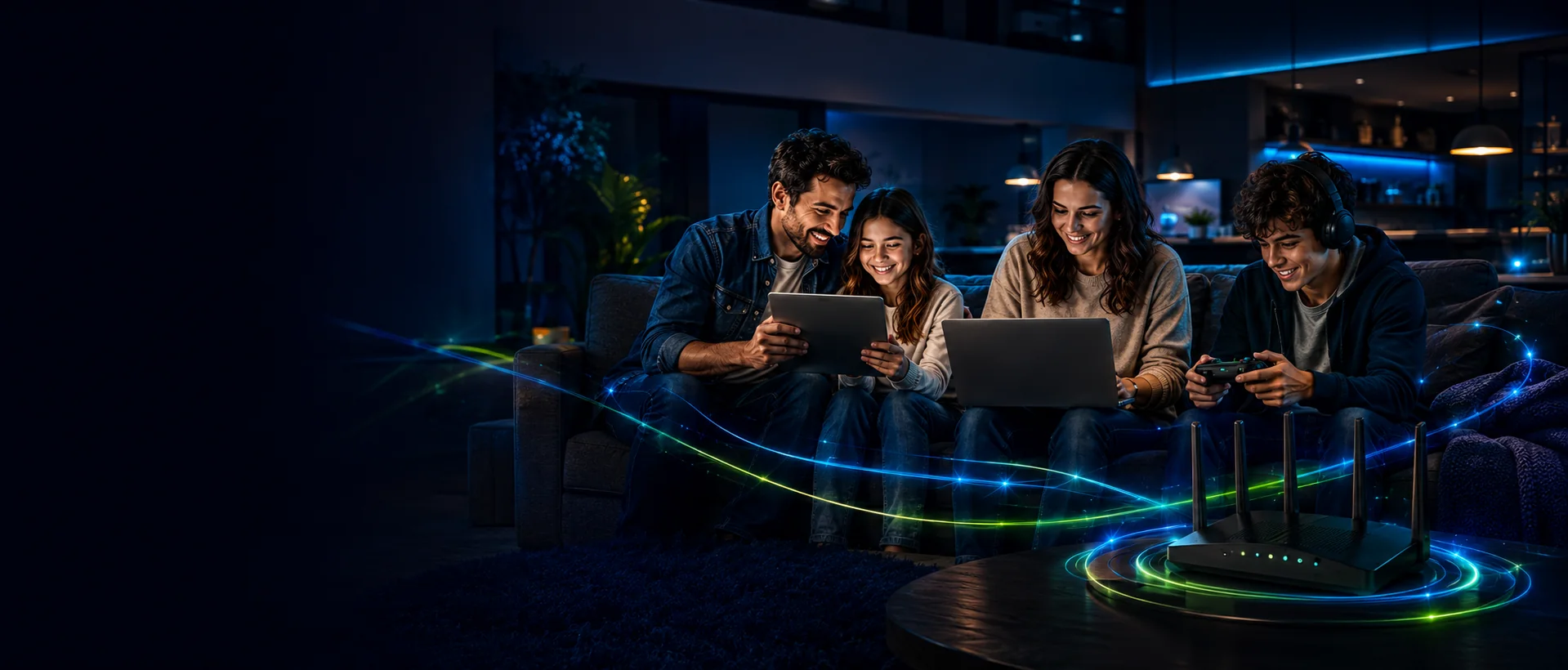 Família conectada usando internet fibra e roteador Wi-Fi